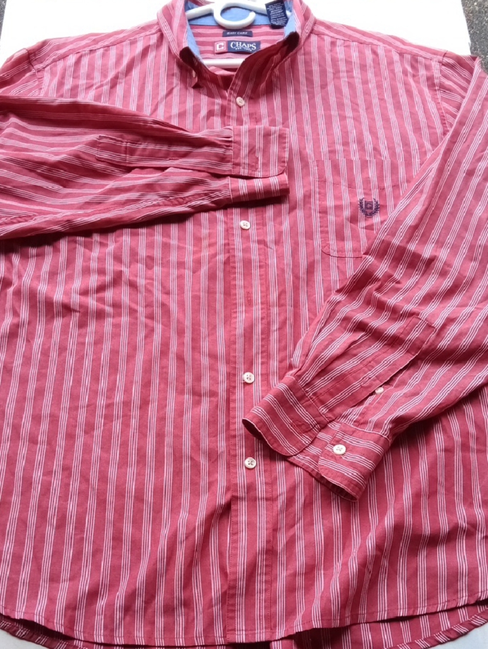 Chaps Men's Red and White Striped Button-Down Shirt.